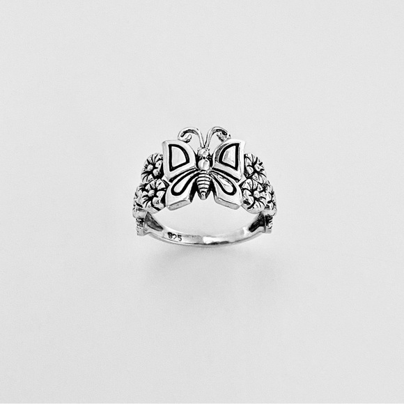 Sterling Silver Statement Butterfly and Plumeria Ring, Flower Rings, Bug Jewelry - Picture 9 of 13